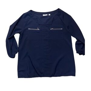 New York & Company Navy Blue Zipper Pocket Blouse 3/4 Sleeve Small